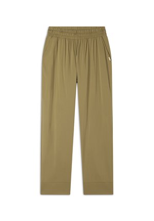Pantaloni beige con vita elastica e vestibilità affusolata. Presentano tasche laterali e una texture liscia e leggera. Nessun motivo o decorazione visibile.