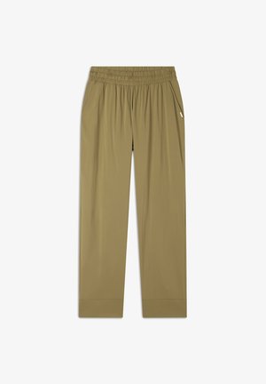 Pantalones beige de cintura elástica con un corte ajustado. Cuentan con bolsillos laterales y una textura suave y ligera. Sin patrones ni adornos visibles.