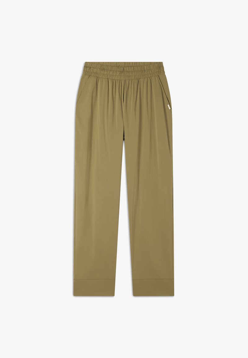 Pantalones beige de cintura elástica con un corte ajustado. Cuentan con bolsillos laterales y una textura suave y ligera. Sin patrones ni adornos visibles.