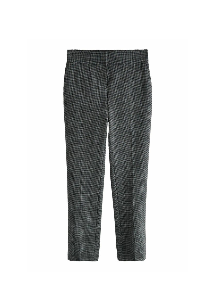 Grå mønstrede bukser med en slim fit, der har et subtilt ternet design, flad forside og cropped længde. Blødt tekstureret stof.
