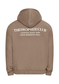 Brown hooded sweatshirt with a soft texture. Features white text on the back: "THEDROPSIZECLUB," "LEGENDS SINCE 2020," and "CREW MEMBERS ONLY."