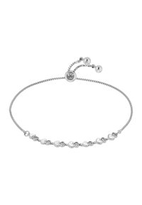 Bracciale in argento con forme a cuore intrecciate e piccoli accenti rotondi. Catena regolabile con chiusura a sfera scorrevole per regolazioni della misura.