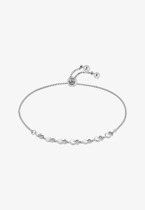 Bracciale in argento con forme a cuore intrecciate e piccoli accenti rotondi. Catena regolabile con chiusura a sfera scorrevole per regolazioni della misura.