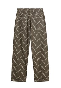 Pantaloni maro cu un model repetitiv de pene în bej deschis. Se caracterizează prin două buzunare la spate și un design cu picioare drepte. Material din bumbac.