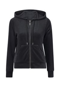 Zwarte zip-up hoodie met een zachte textuur, geribbelde boorden, zakken aan de voorkant en een gevoerde capuchon. Heeft een zilveren rits en trekkoorden.
