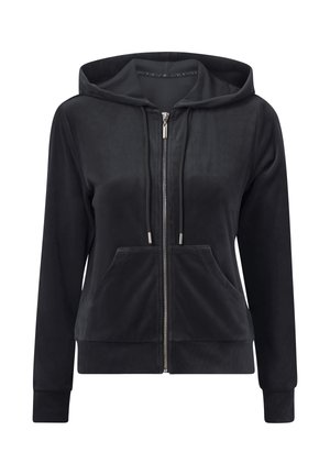 Sort zip-up hættetrøje med blød tekstur, ribbede manchetter, frontlommer og foret hætte. Har sølvfarvet lynlås og snore.