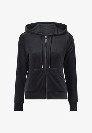 Sort zip-up hættetrøje med blød tekstur, ribbede manchetter, frontlommer og foret hætte. Har sølvfarvet lynlås og snore.