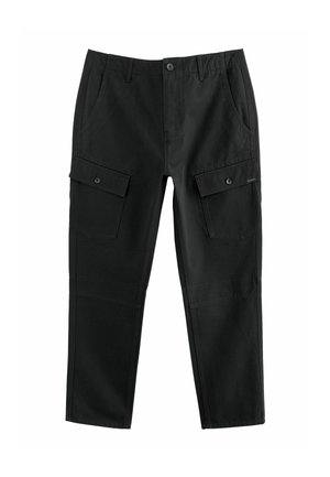 Pantaloni cargo neri con taglio dritto, numerosi taschini laterali e chiusura con bottoni, realizzati in tessuto durevole. Texture liscia, design minimal.