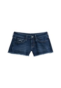 Shorts en denim avec un lavage bleu foncé, ourlet effiloché et style traditionnel à cinq poches. Présente un patch de marque sur la poche arrière.