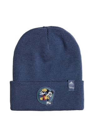 Berretto lavorato a maglia blu navy con risvolto, caratterizzato da una patch circolare di Topolino e un'etichetta del logo Adidas. Texture morbida e vestibilità elasticizzata.