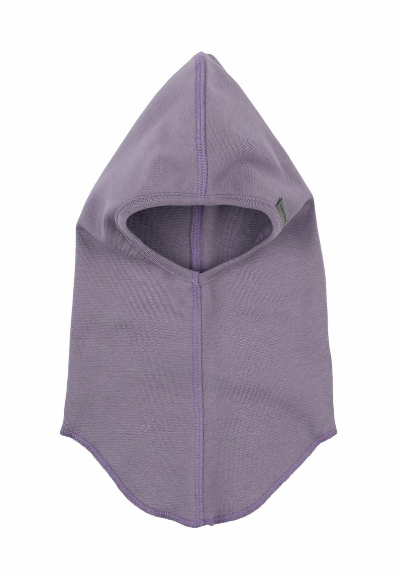 Balaclava en coton violet avec une capuche pointue, un visage ouvert et des bords cousus. Présente une texture lisse et une forme contourée.