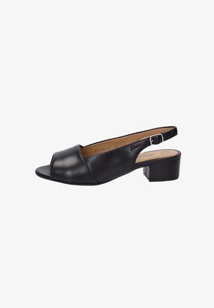 Schwarzer Leder-Peeptoe mit Slingback, ausgestattet mit einem quadratischen Blockabsatz und einem verstellbaren Riemen mit Schnalle. Glatte Textur mit minimalen Akzenten.