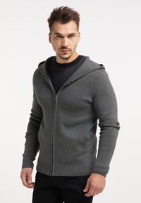 Grijze hoodie met rits, twee zijzakken en geribbelde boorden. Het materiaal lijkt zacht, met eronder een zwart gebreid sweater.