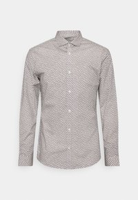 Camisa abotonada en tejido ligero, con un patrón geométrico en colores tenues, mangas largas y cuello clásico.