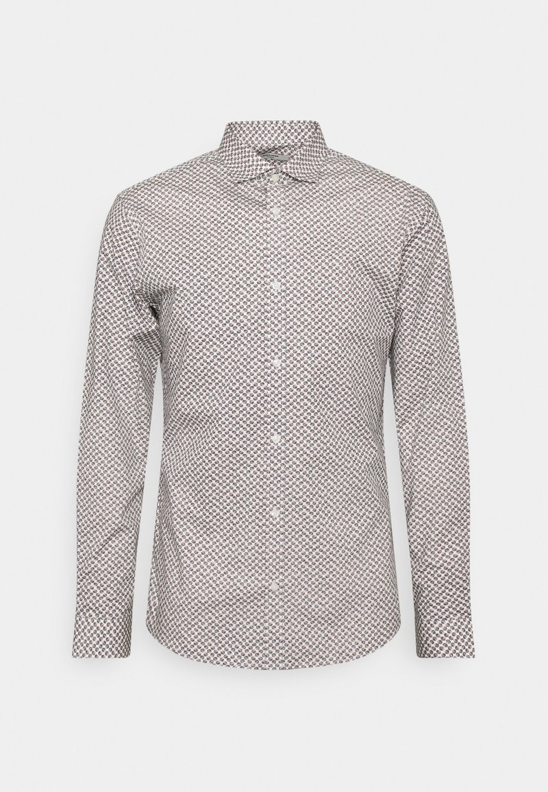 Camisa abotonada en tejido ligero, con un patrón geométrico en colores tenues, mangas largas y cuello clásico.