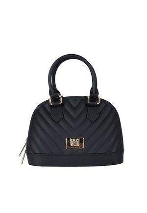 Borsa trapuntata nera con manici arrotondati, particolari in oro e una targhetta rettangolare in oro con logo sul davanti.