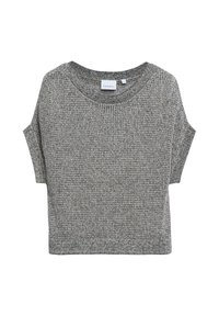 Grauer kurzärmeliger Strickpullover mit rundem Ausschnitt und sichtbarem Markenlabel am Kragen.