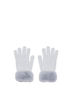 Hellgraue gestrickte Handschuhe mit weichen, flauschigen Bündchen, flach hingelegt mit ausgestreckten Fingern auf weißem Hintergrund.
