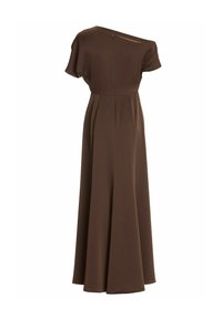 Robe marron foncé, longue jusqu'au sol, à manches courtes, taille cintrée et encolure asymétrique.