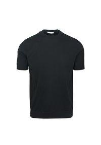 Maglietta nera a maniche corte in cotone, con collo a giro e una texture liscia, con orlo dritto nella parte inferiore.
