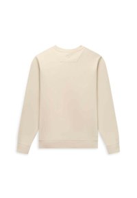 Felpa beige con maniche lunghe, collo a giro e polsini a costine. Il retro presenta un dettaglio di cucitura unico vicino al collo. Tessuto morbido.