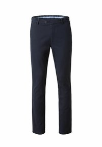 Marineblå bomulds-chinos med lige ben, for- og baglommer samt knaplukning; glat tekstur og minimalistisk stil.