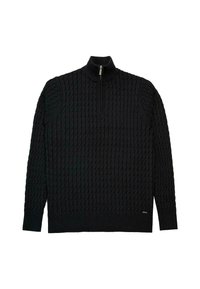 Czarny sweter robiony na drutach z wysokim kołnierzem i suwakiem na ćwierć. Posiada teksturowany wzór oraz ściągacze przy mankietach i u dołu. Miękki materiał.