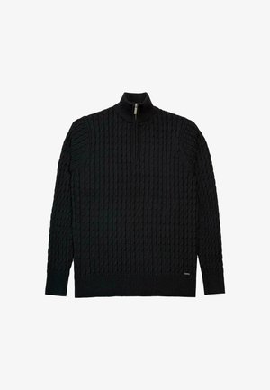 Fekete kötött pulóver magas gallérral és negyed cipzárral. Texturált mintázattal rendelkezik, bordás mandzsettákkal és szegéllyel. Puha anyag.