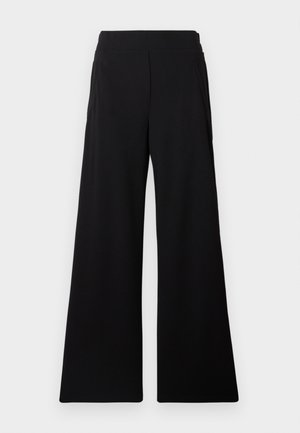 Pantaloni negri cu picioare largi, dintr-un material neted, cu talie înaltă și buzunare laterale. Design simplu și minimal, fără modele vizibile.