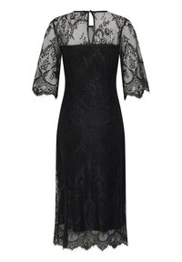 Vestido negro midi con superposición de encaje floral, mangas transparentes hasta el codo, dobladillo con forma de scallop y un pequeño ojal en la parte posterior del escote.