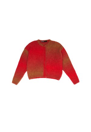 Cárdigan de punto con degradado en rojo y naranja, mangas largas y escote redondo, con puños acanalados y cierre frontal de botones.