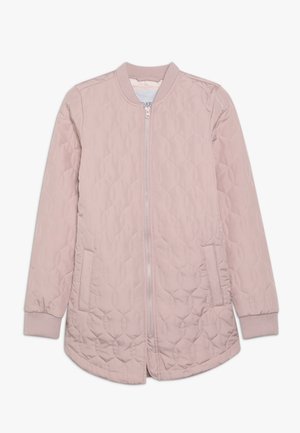 Light pink quilted long bomber jacket with front zipper, ribbed cuffs, and side pockets.