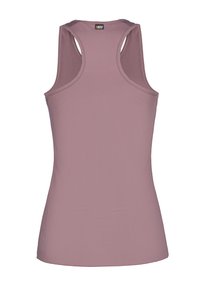 Hallonröd ärmlös linne topp i mjukt, elastiskt material med rundad halsringning och racerback-design. Slät yta, utan mönster.