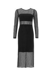 Schwarzes Spitzenkleid mit langen Ärmeln, tailliertem Oberteil und einem transparenten Stoffeinsatz in der Taille, der bis zum knielangen Saum reicht.