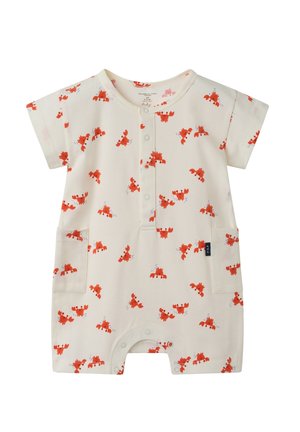 Grenouillère bébé couleur crème à manches courtes, boutons-pression à l'avant, deux poches latérales et motif imprimé crabe rouge.
