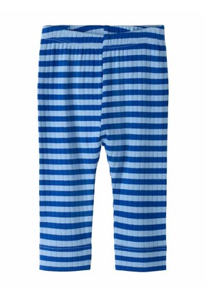 Blue and light blue striped capri pants made of soft fabric, featuring an elastic waistband and hemmed cuffs. Horizontal stripes throughout.