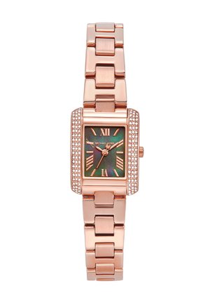 Rektangulært ur i rosaguldfarve med sort urskive, romertal, krystalaccent på rammen og ledet metalrem.