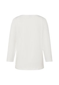 Schlichtes weißes Langarmshirt mit rundem Ausschnitt, Rückansicht, mit einfacher, glatter Stoffstruktur.