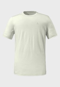 Hellgraues Kurzarm-T-Shirt mit Rundhalsausschnitt, aus glattem Material gefertigt, mit einem dezenten Logo auf der Brust und einem lockeren Schnitt.