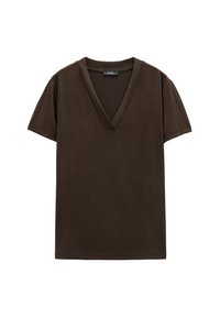 Brązowy t-shirt w serek wykonany z miękkiego materiału, z krótkimi rękawami i luźnym krojem, o czystym i minimalistycznym designie.