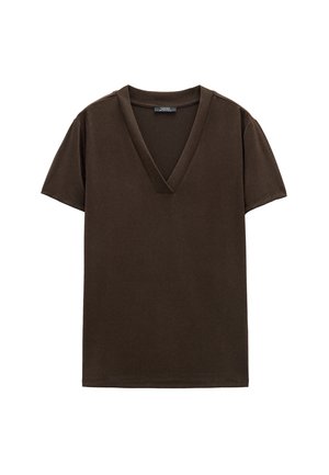 Brązowy t-shirt w serek wykonany z miękkiego materiału, z krótkimi rękawami i luźnym krojem, o czystym i minimalistycznym designie.