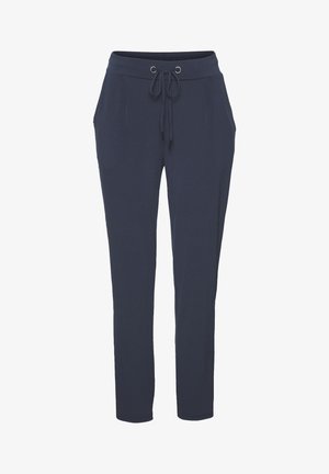 Pantalones de chándal azul marino con cintura ajustable, dos bolsillos laterales y diseño de pierna ajustada. Fabricados en una tela suave y elástica.