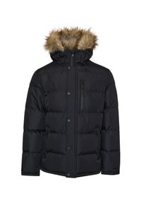 Czarna, ocieplana kurtka zimowa z futrzanym kapturem, przednim zamkiem błyskawicznym, napami i trzema kieszeniami zapinanymi na zamek na jednolitym tle.