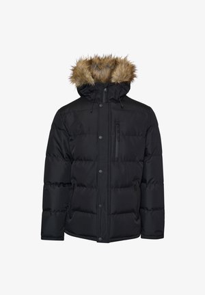 Sort polstret vinterjakke med hætte beklædt med pels, frontlynlås, trykknapper og tre lynlåslommer på en ensfarvet baggrund.