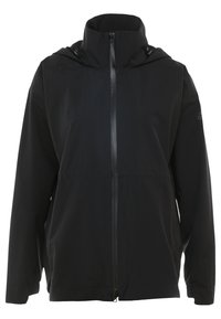 Veste imperméable noire avec col montant, fermeture éclair intégrale à l’avant, manches longues et capuche ajustable.