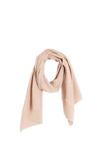 Bufanda de color rosa claro hecha de tejido texturizado, que presenta un diseño suave y arrugado con bordes deshilachados, dispuesta en una formación de bucle.