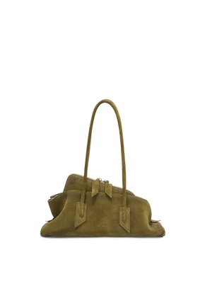 Sac d'épaule en daim vert olive avec double poignée, compartiment principal zippé et structure souple et lâche.