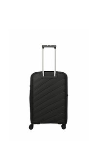 Maleta rígida negra con surcos diagonales, mango telescópico y cuatro ruedas para una fácil movilidad. Material duradero y diseño elegante.