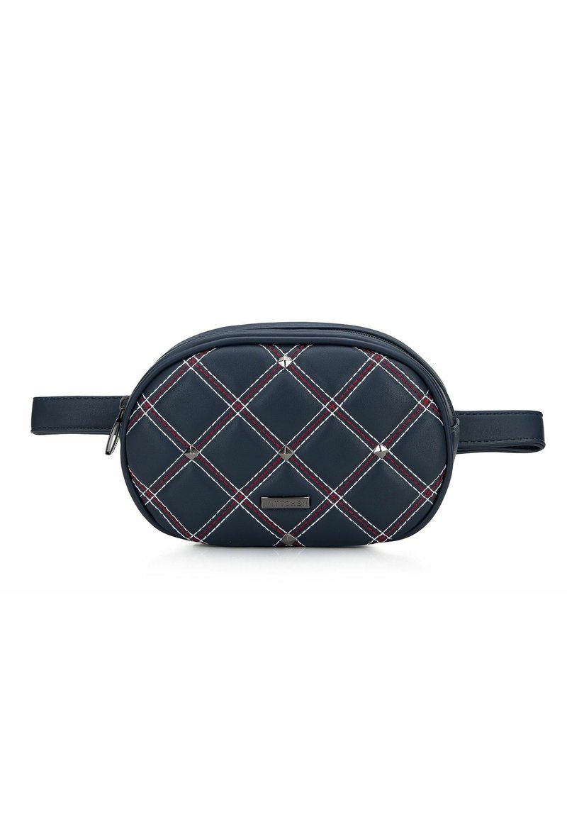 Borsa in tessuto trapuntato blu navy con motivo a diamante rosso e bianco, con dettagli metallici. Include una tracolla e chiusura con zip.