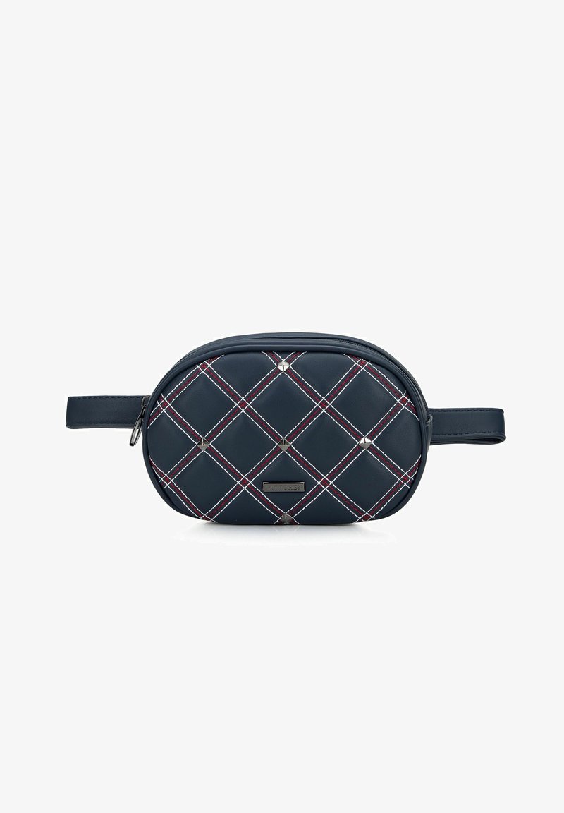 Borsa in tessuto trapuntato blu navy con motivo a diamante rosso e bianco, con dettagli metallici. Include una tracolla e chiusura con zip.